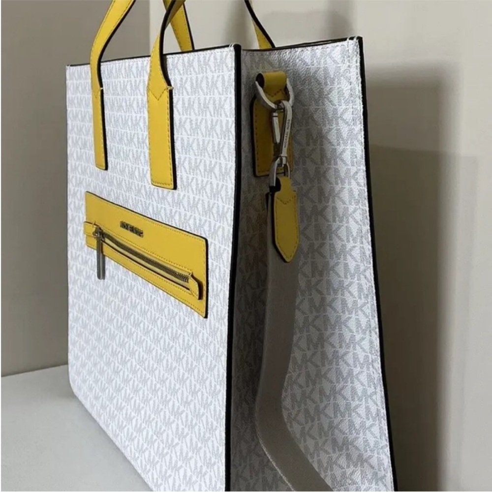 Michael Kors Kenly Large North South Tote White MK Signature Citrus Yellow - Picture 6 of 10